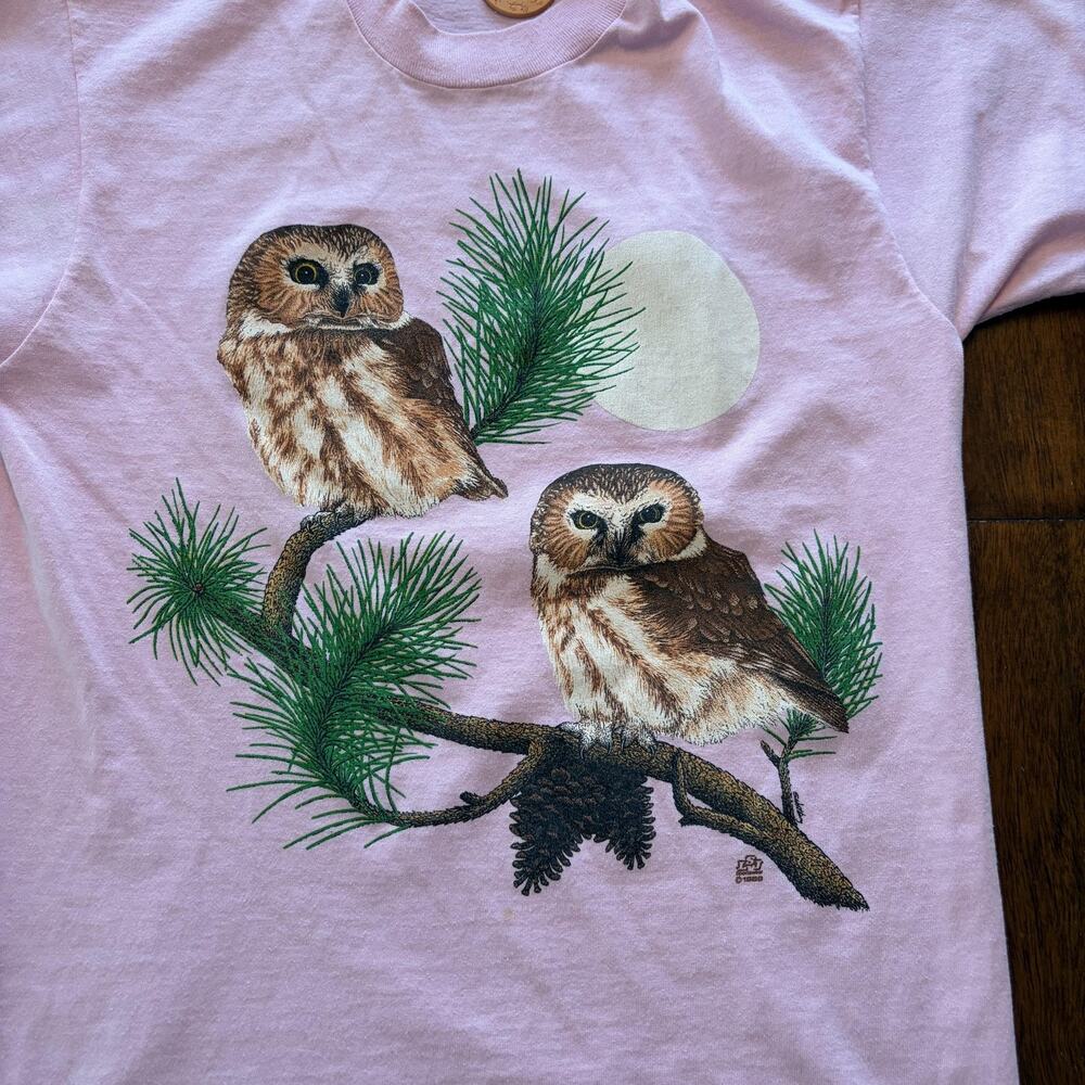 Vintage Owls Shirt Mens Medium Pink Screen Stars Tee T-Shirt USA Nature - Picture 3 of 8